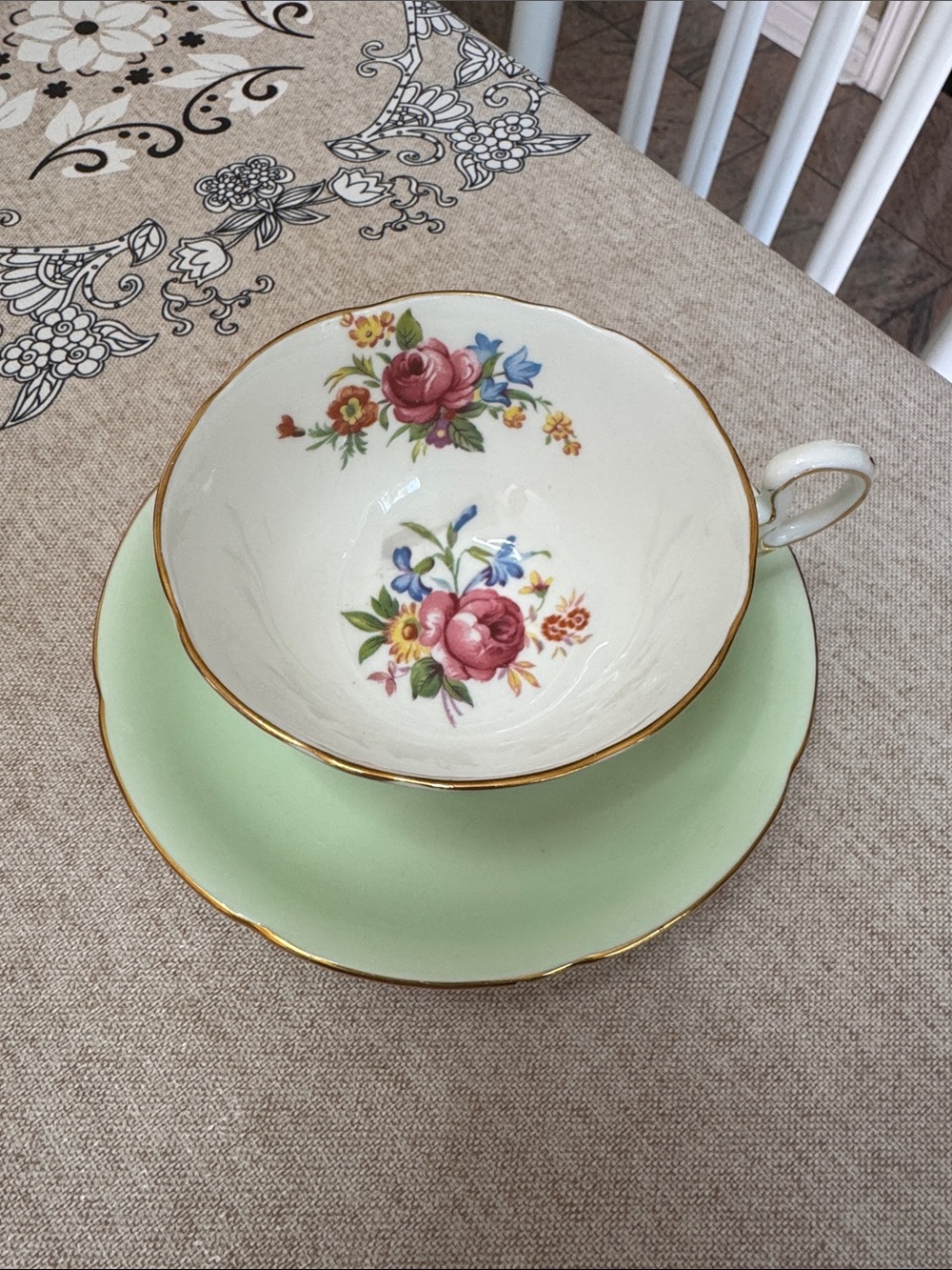 Royal Grafton Vintage Floral Teacup and Saucer - Cream & Mint with Gold Trim